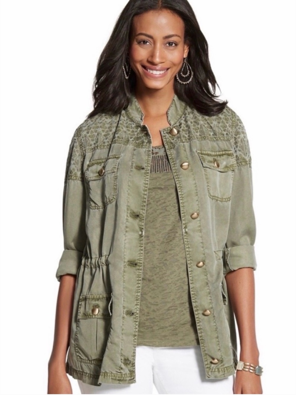 Chico's Olive Green Embroidered Utility Jacket (0)